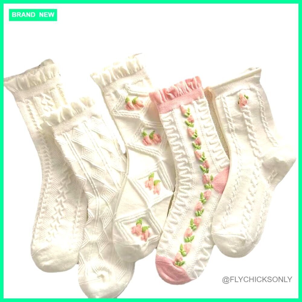 5 Pairs Women's Lace Ruffles Ankle Socks, Floral Crew, Cotton Nylon